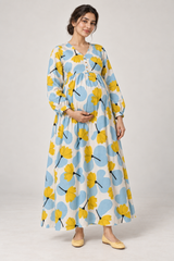 Janya blue yellow abstract floral linen maternity dress, front view