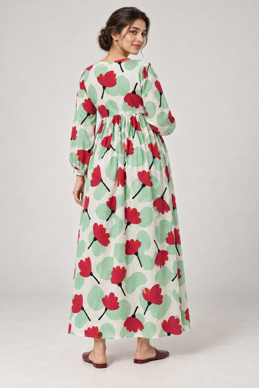 Janya mint red abstract floral linen maternity dress, back view