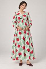 Janya mint red abstract floral linen maternity dress, front view