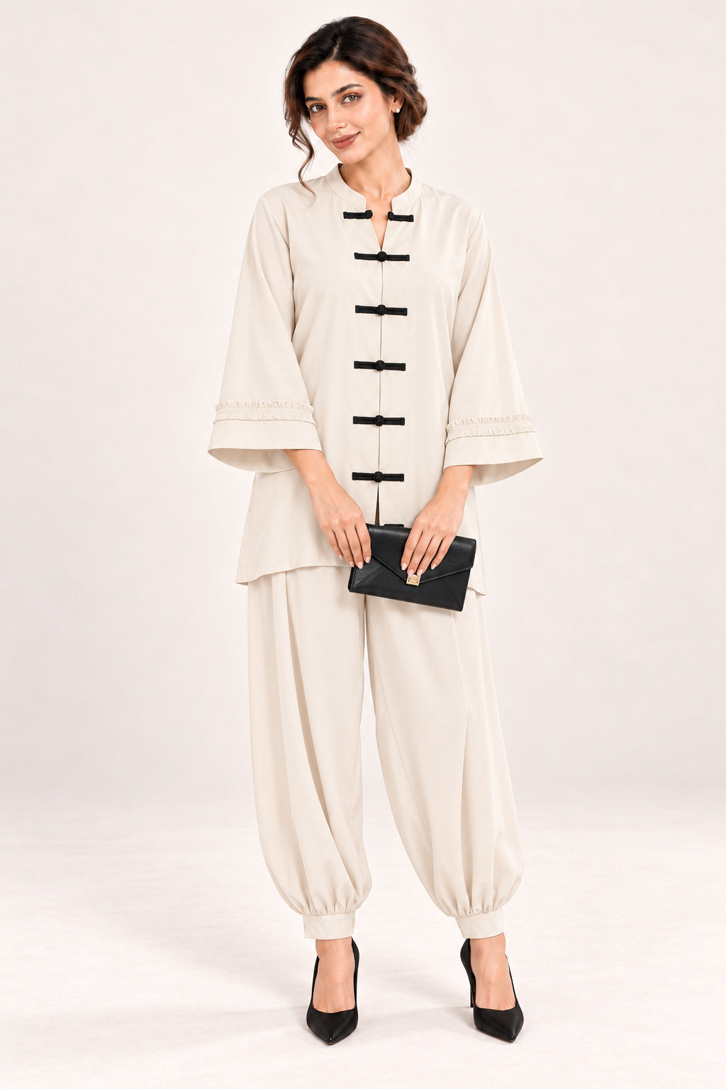 Poise Co-ord Set – Off White with Black Knots - Front view