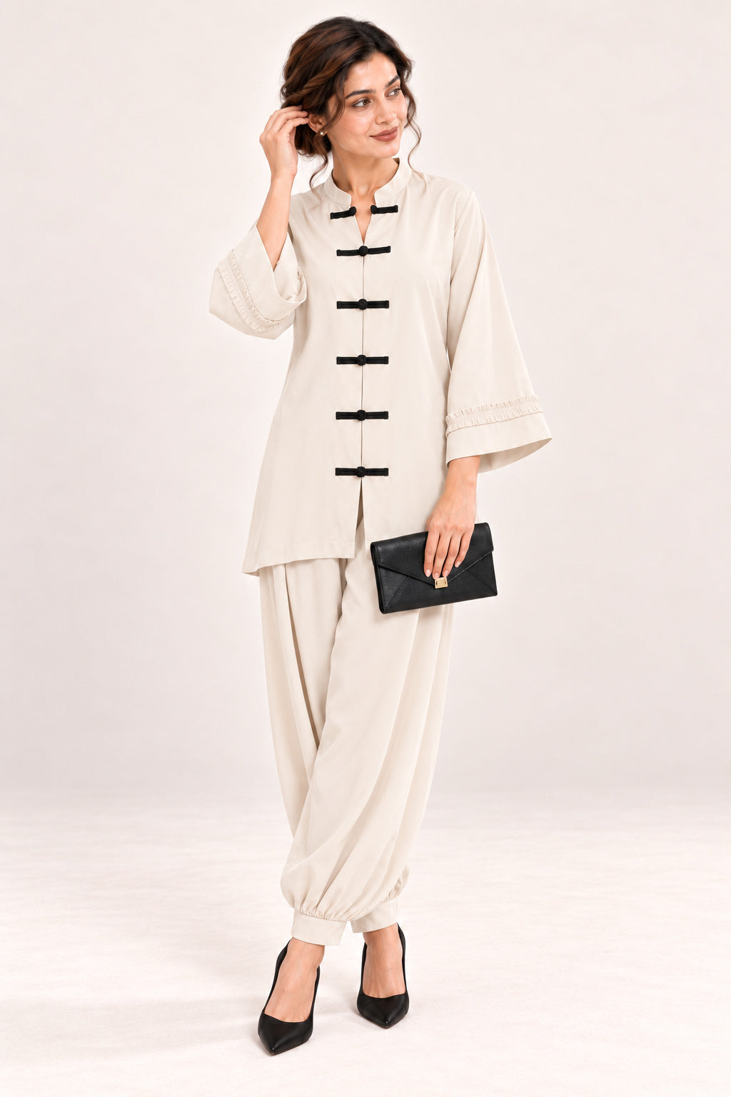 Poise Co-ord Set – Off White with Black Knots - Mood 1 view