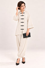 Poise Co-ord Set – Off White with Black Knots - Mood 1 view