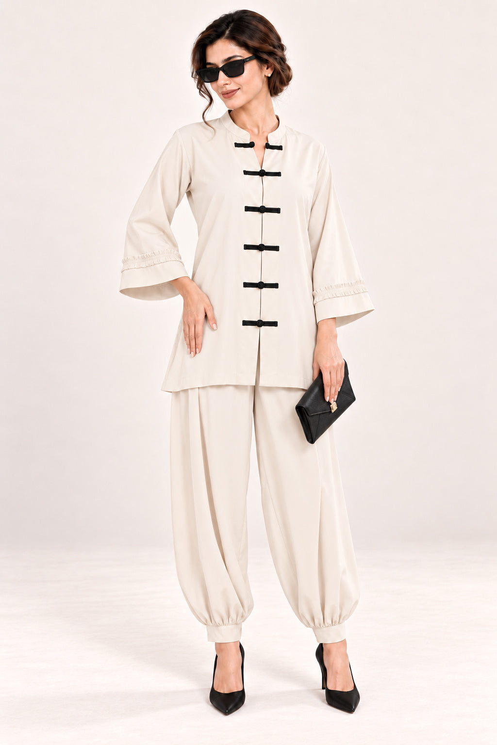 Poise Co-ord Set – Off White with Black Knots - Sunglasses view