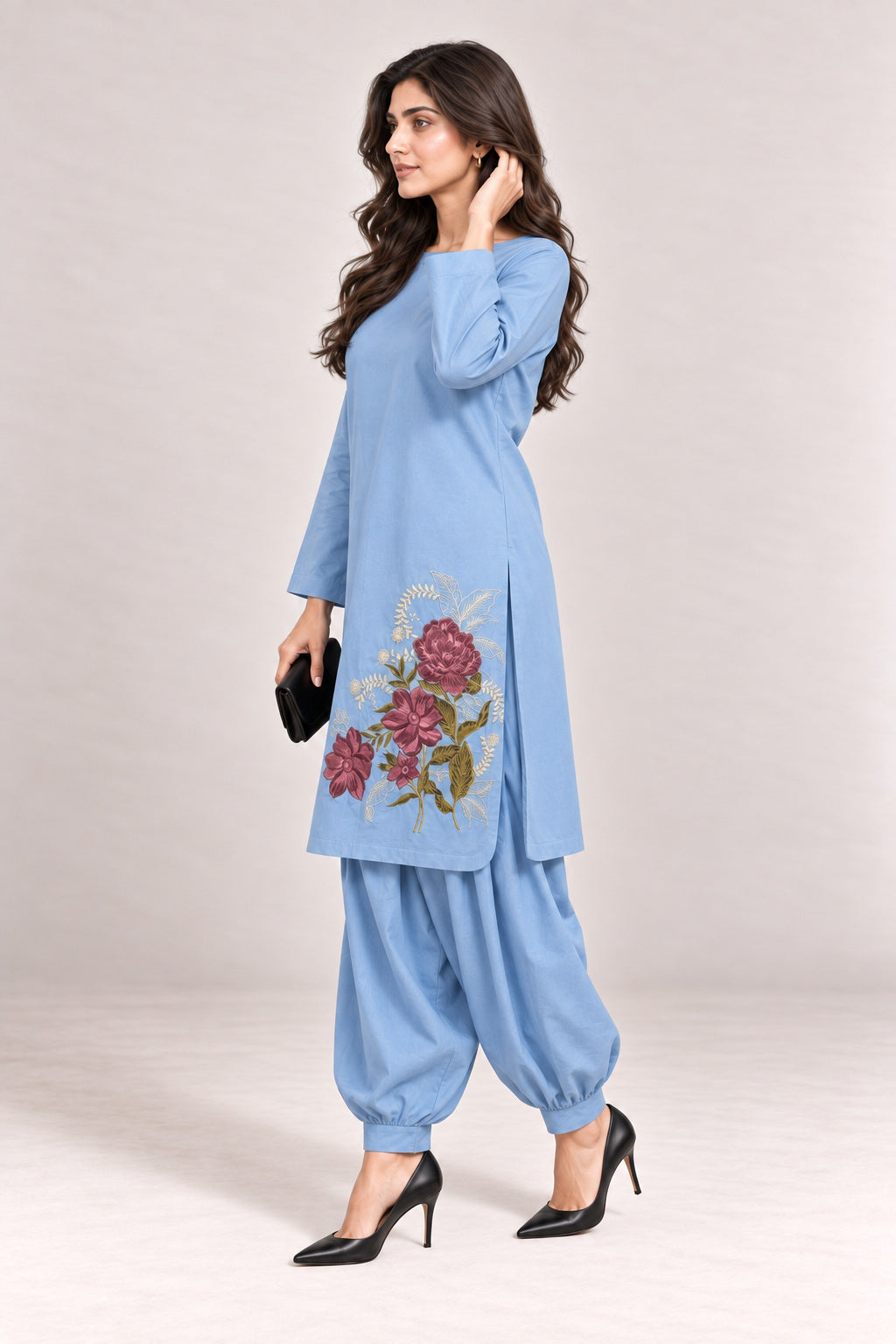 Fleur Poplin Co-ord Set – Powder Blue - Side