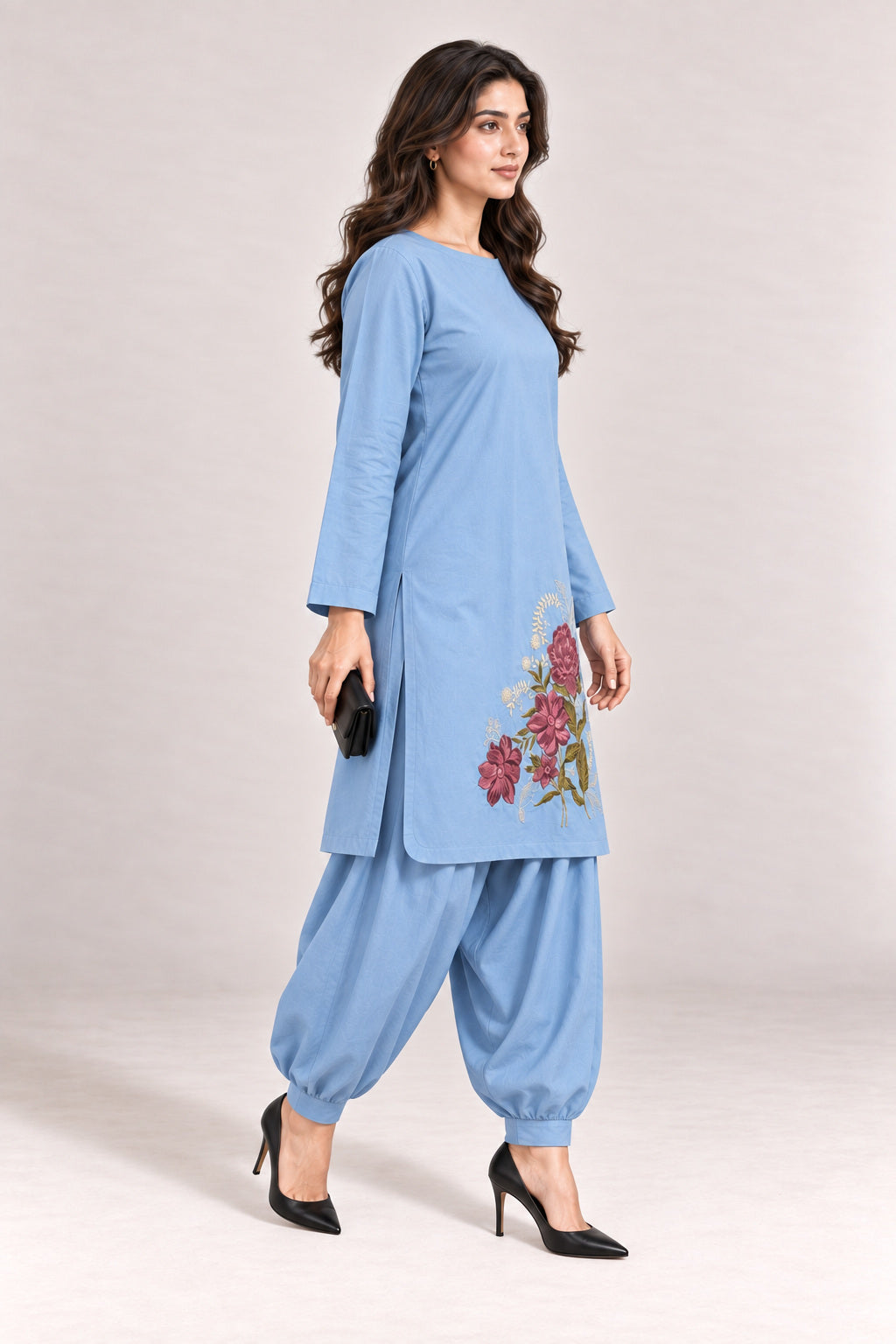 Fleur Poplin Co-ord Set – Powder Blue - Opposite Angle