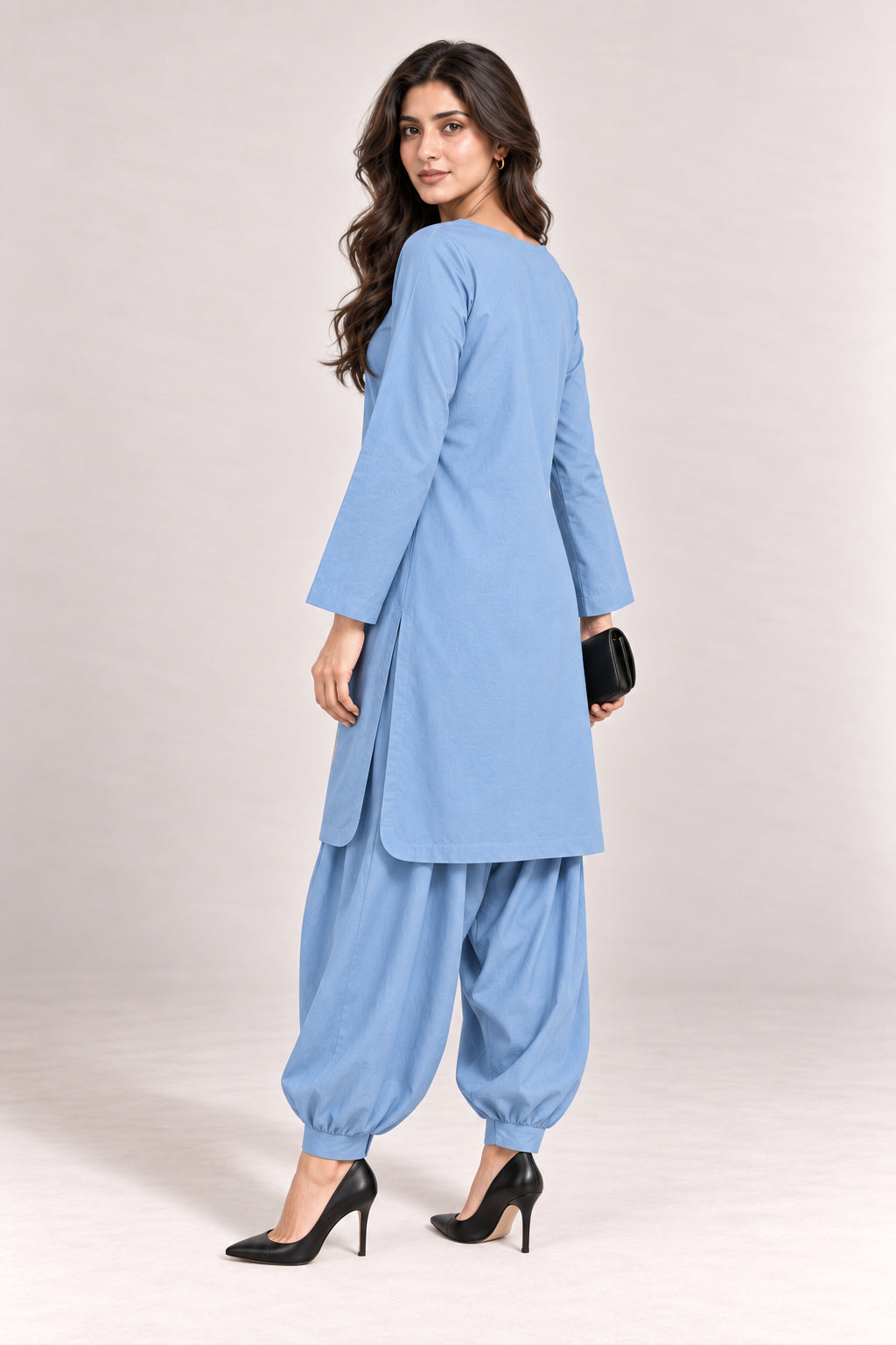 Fleur Poplin Co-ord Set – Powder Blue - Rear Three Quarter