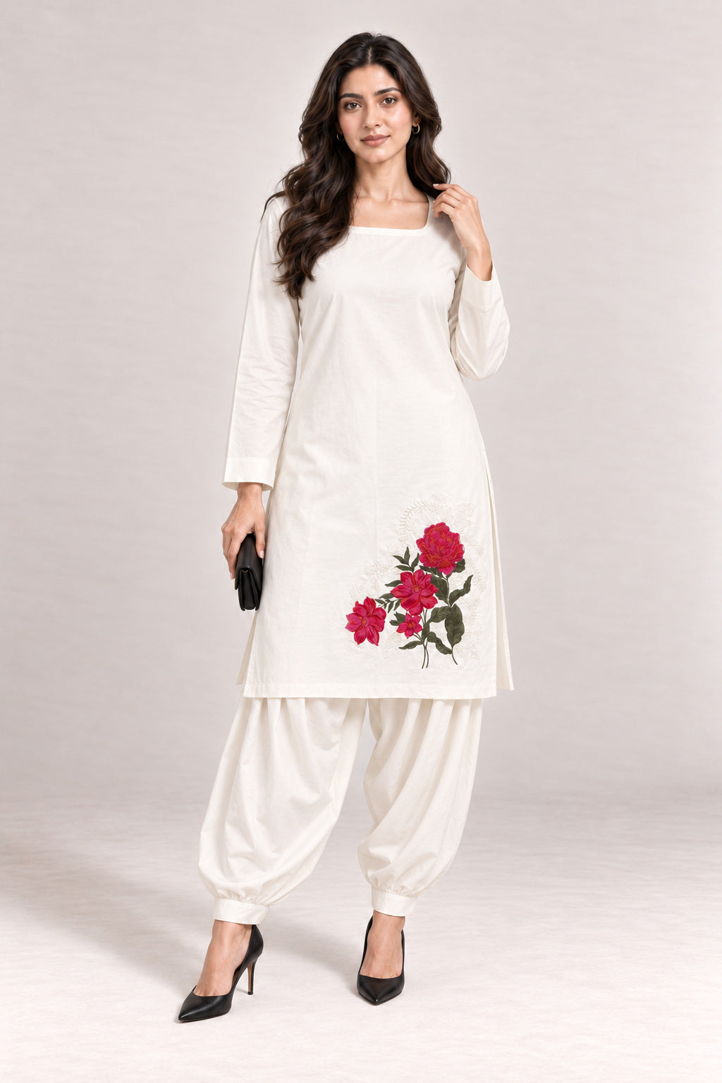 Fleur Poplin Co-ord Set – Ivory Square Neck - Front