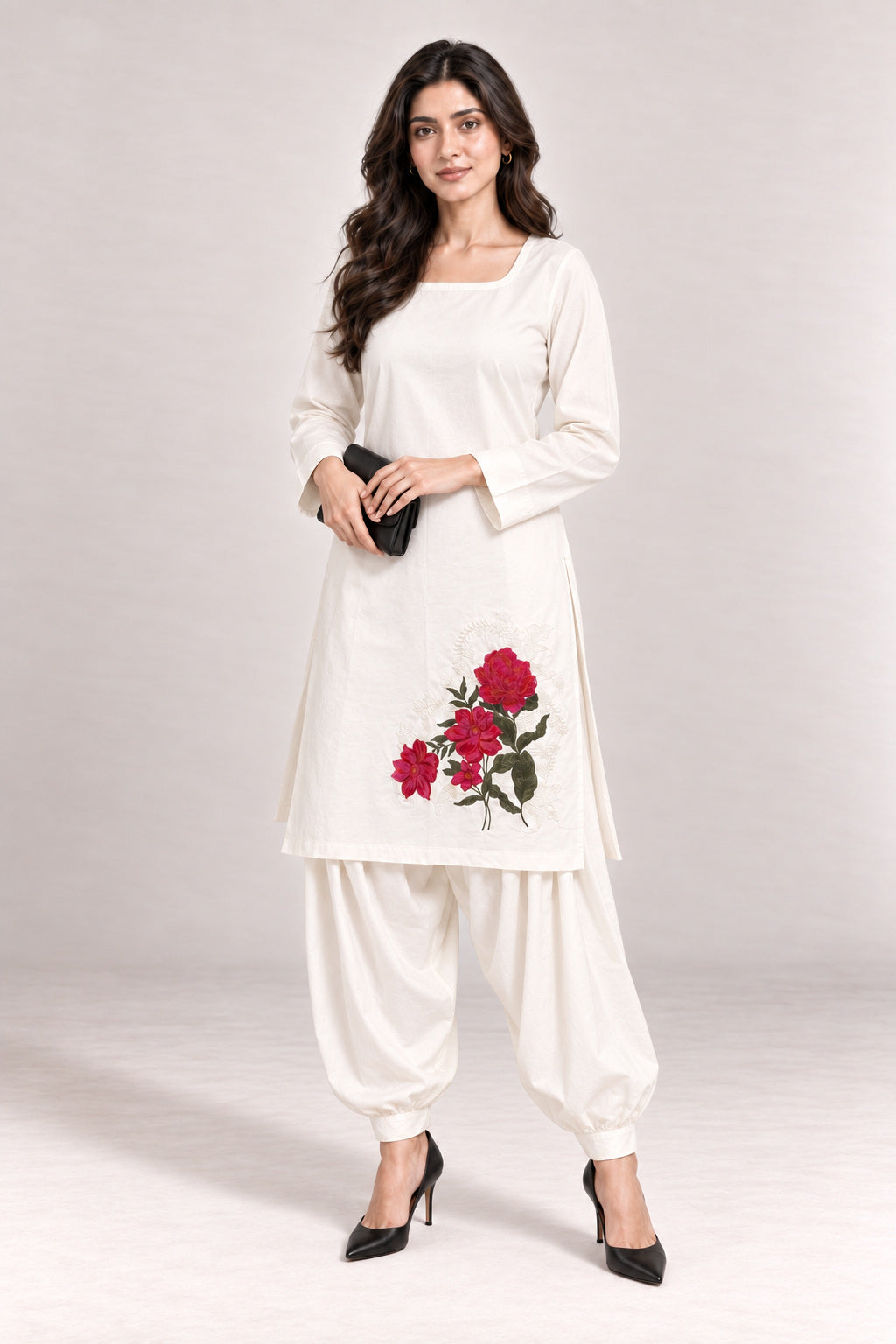 Fleur Poplin Co-ord Set – Ivory Square Neck - Front Three Quarter