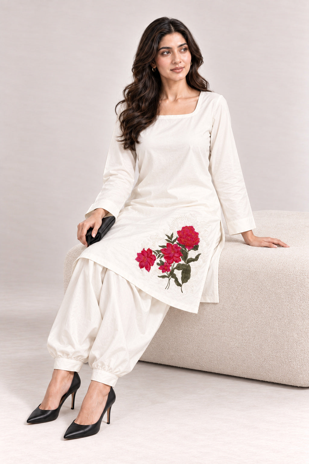 Fleur Poplin Co-ord Set – Ivory Square Neck - Seated Mood