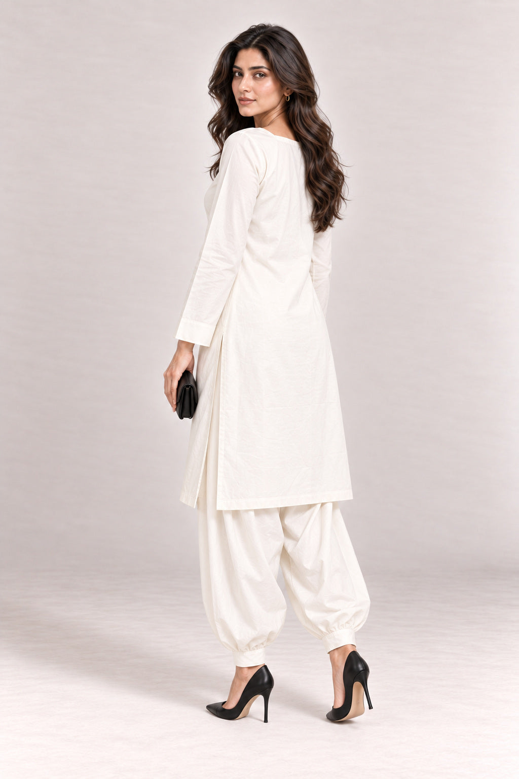 Fleur Poplin Co-ord Set – Ivory Square Neck - Rear Three Quarter