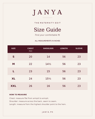 Janya maternity size chart S to XXL, garment measurements in inches