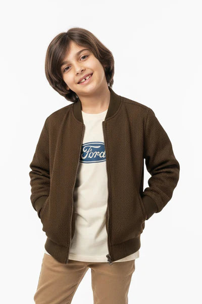 Jacquard Knit Bomber Jacket - Chocolate Brown