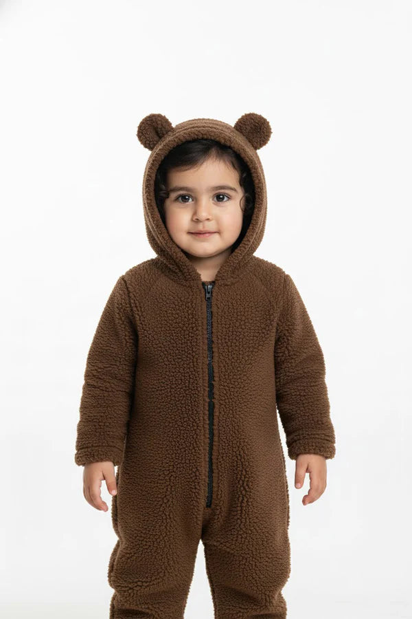 Bear Hooded Sherpa Romper - Brown