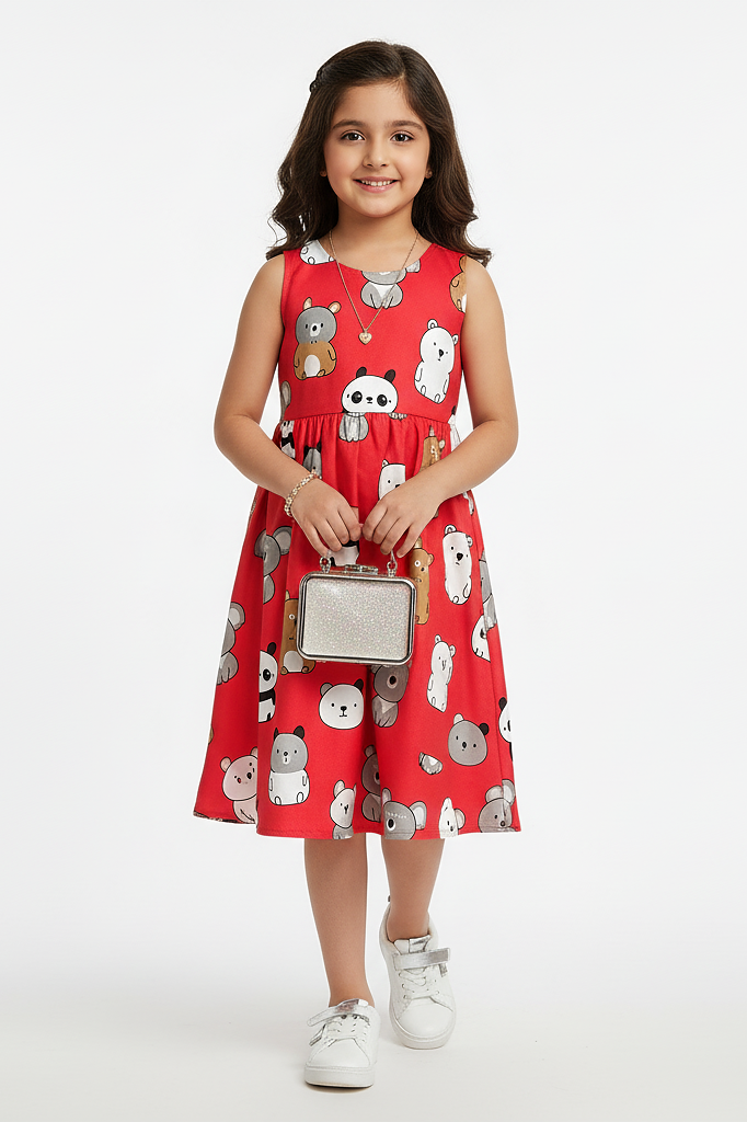 Red Cartoon Bear Print Dress
